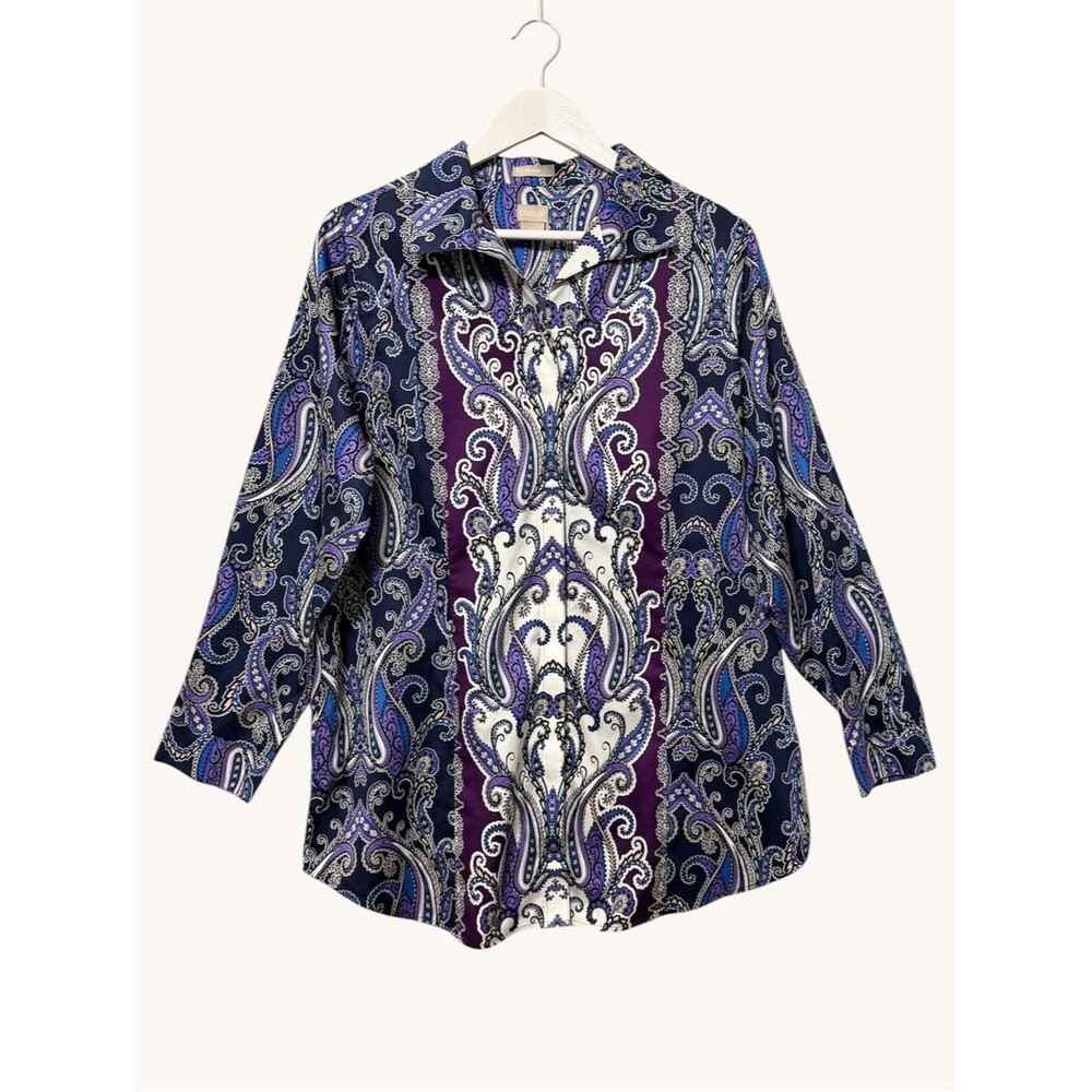 Chico's Cotton Sateen Paisley No Iron Button Up Tunic Size Large (2) Blue Purple